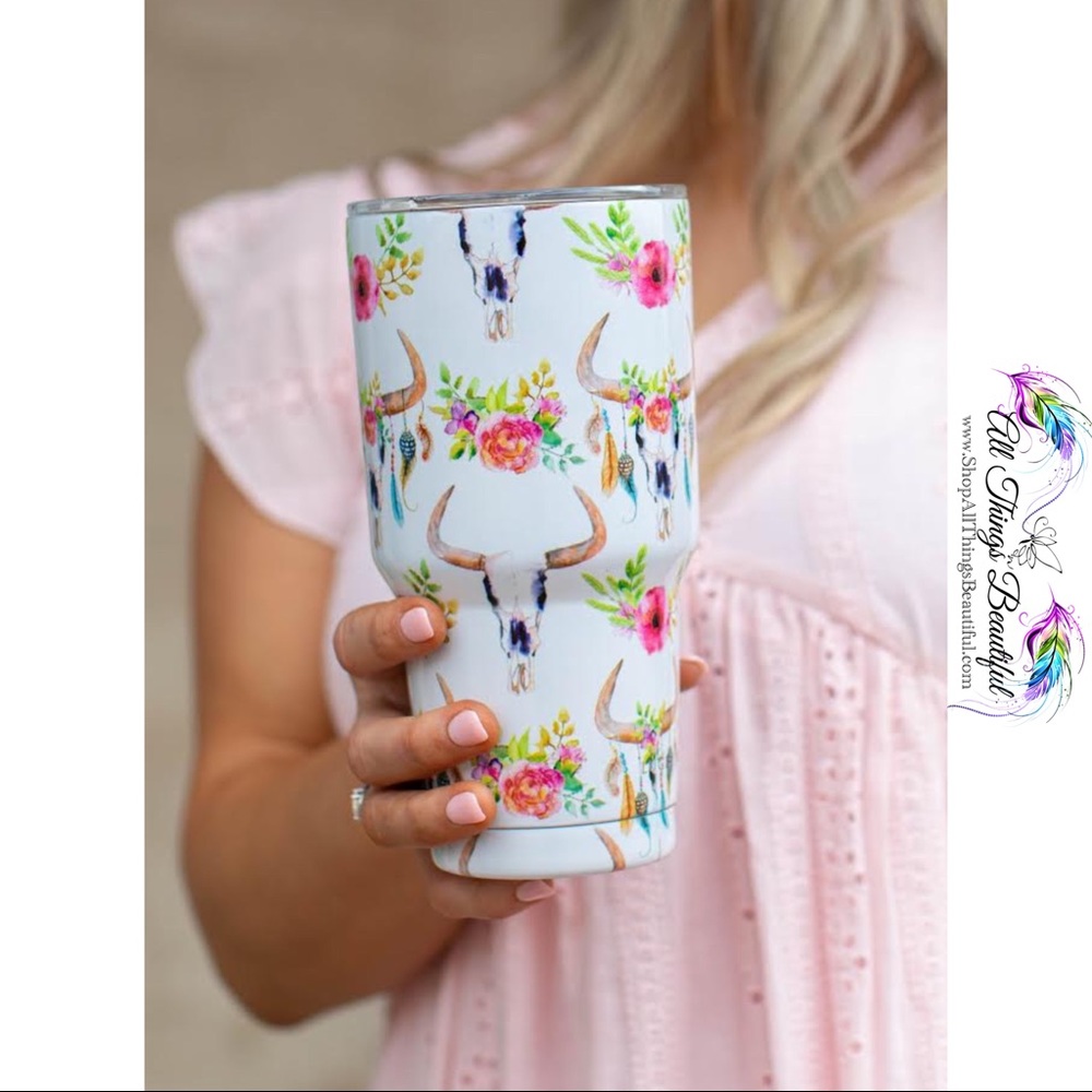 •L&B Texas Tumbler - White Floral Bull Design• - Picture 4 of 8